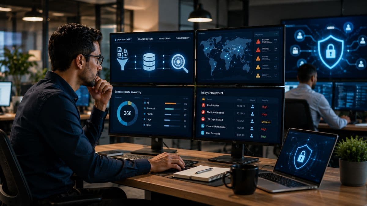 Cybersecurity analyst monitoring sensitive data protection