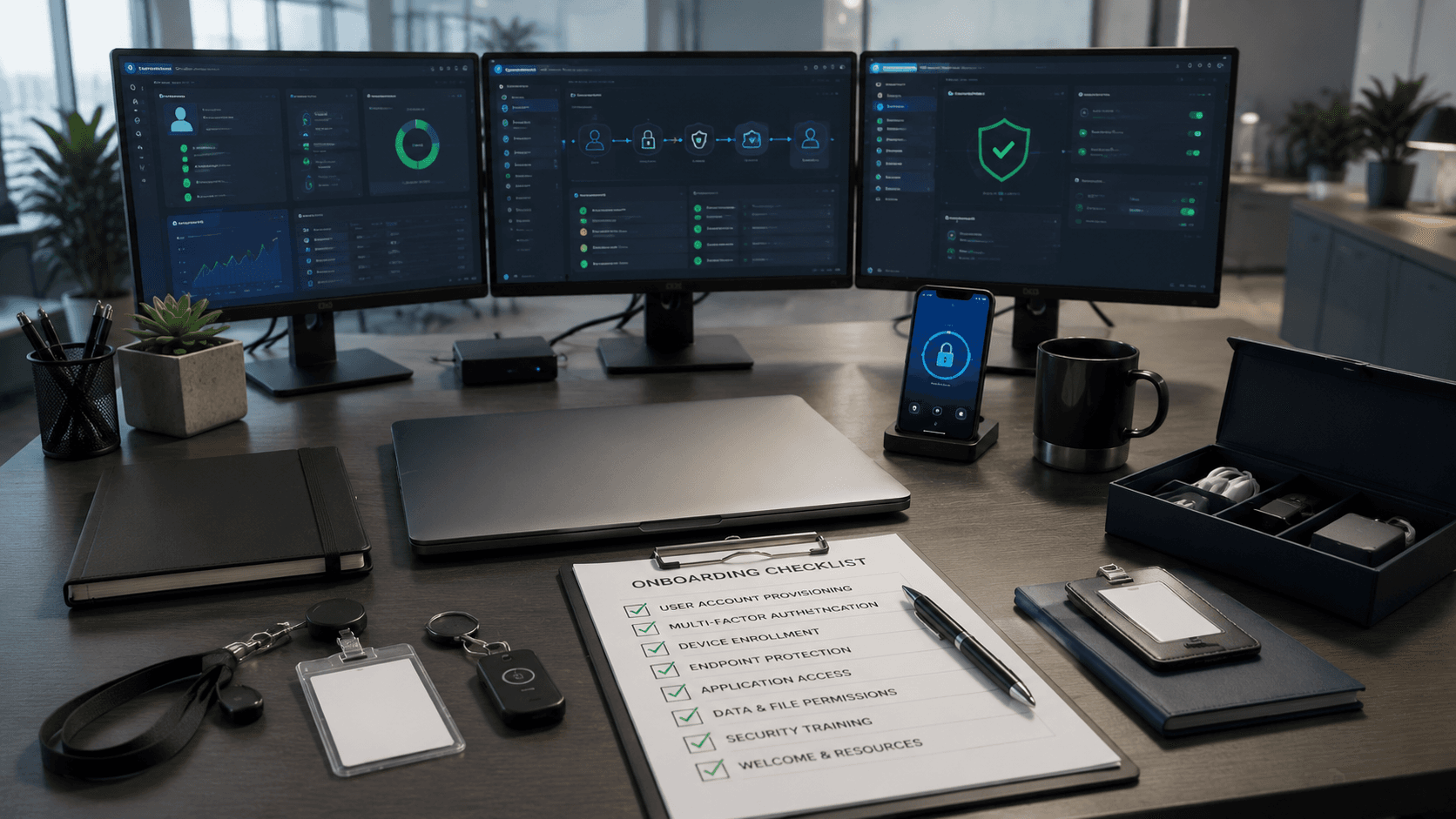 IT onboarding workspace with devices and access setup