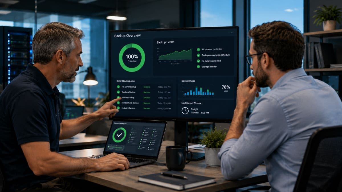 Consultant reviewing backup health with business owner