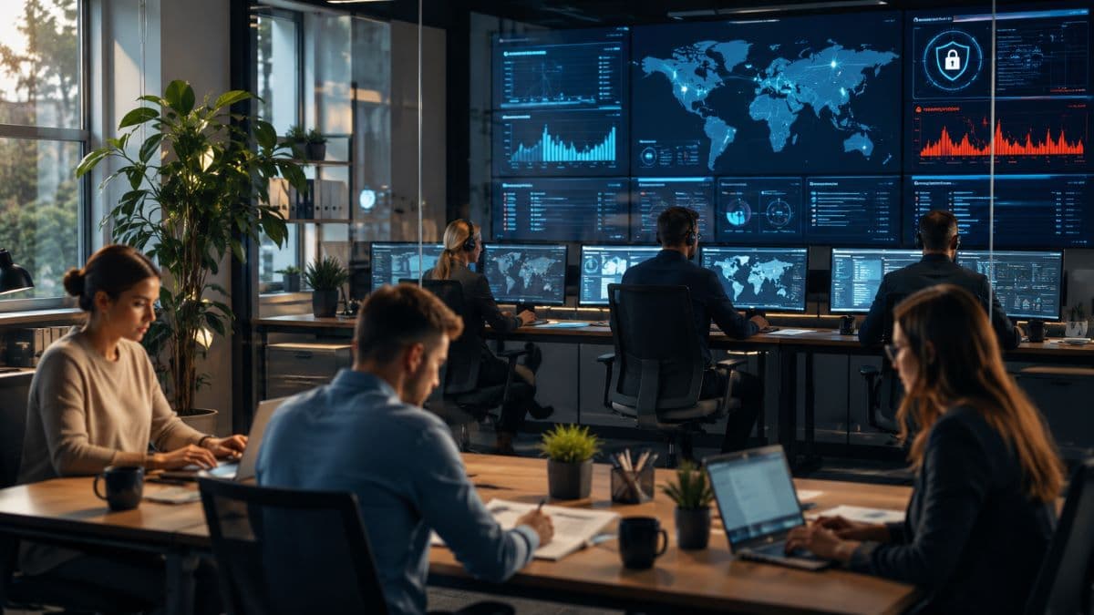 Cybersecurity analysts protecting business systems continuously