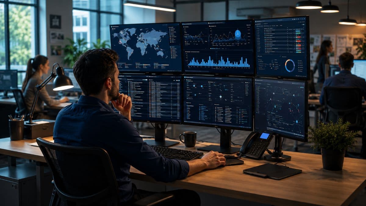 Security analyst monitoring insider threats in office