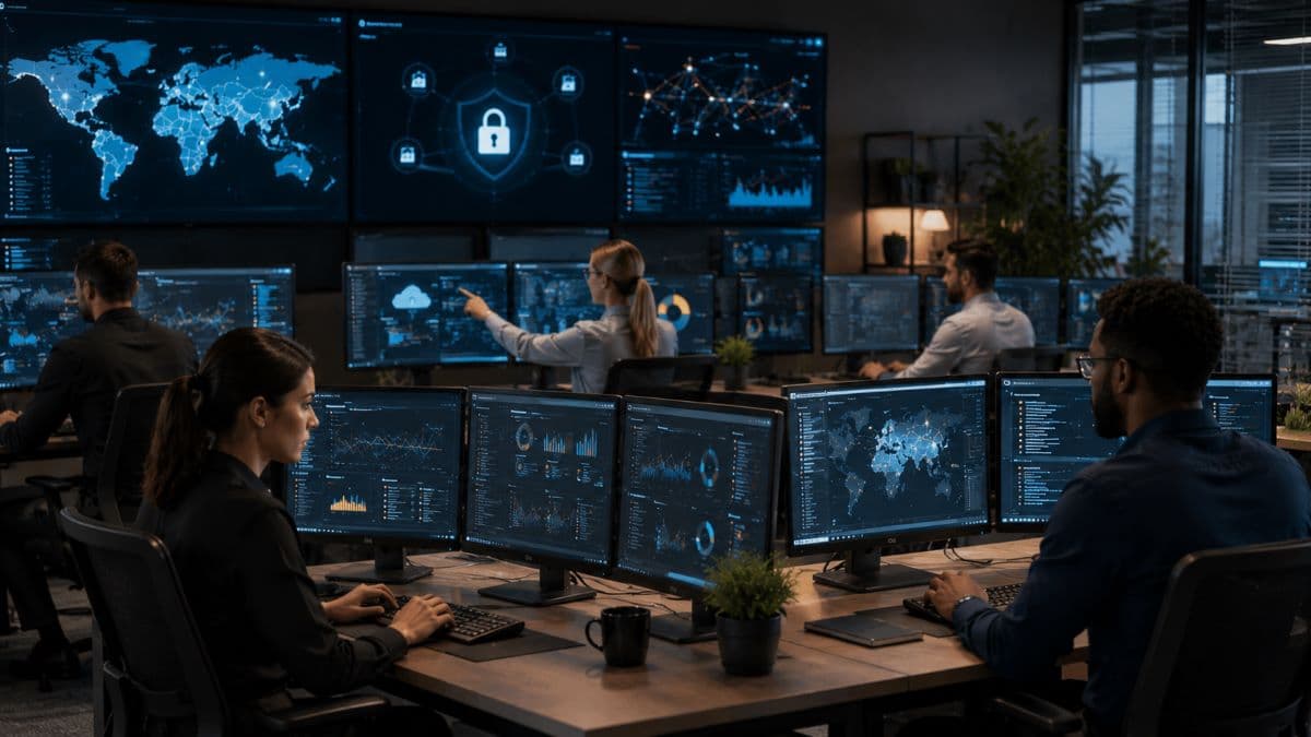 Cybersecurity team monitoring multiple security environments