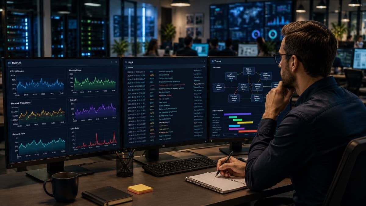 Engineer analyzing metrics logs and traces