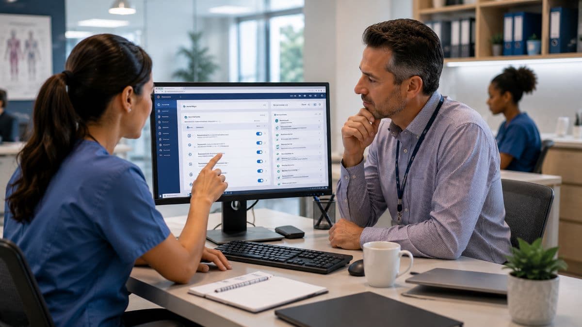 Healthcare staff configuring secure Microsoft 365 environment