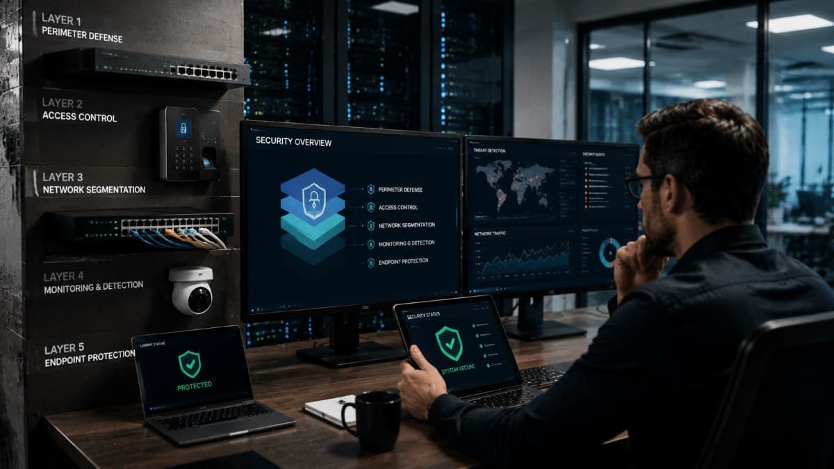 Layered cybersecurity defense approach office setup