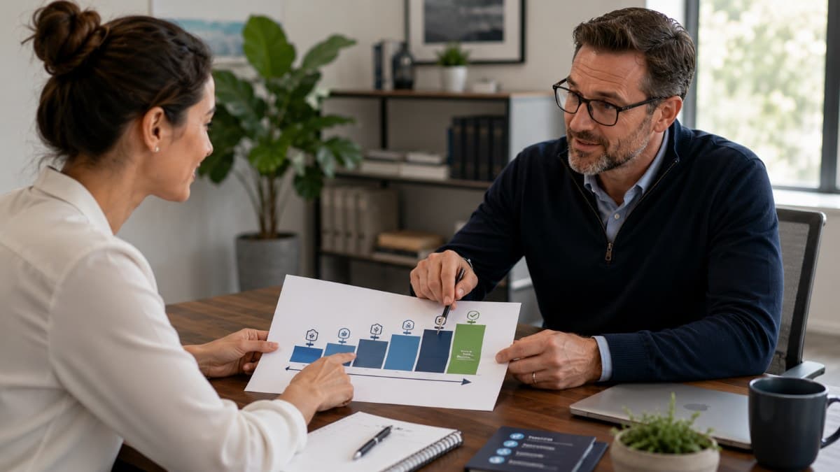 Consultant presenting cybersecurity improvement roadmap clearly
