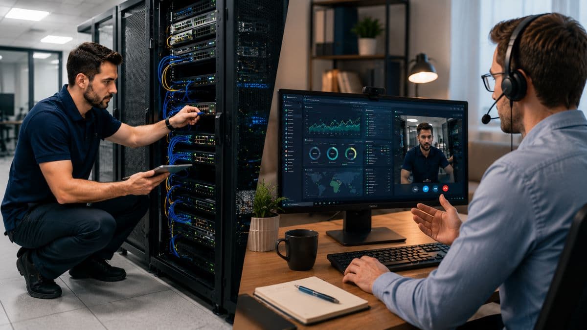 Onsite technician collaborating with remote support