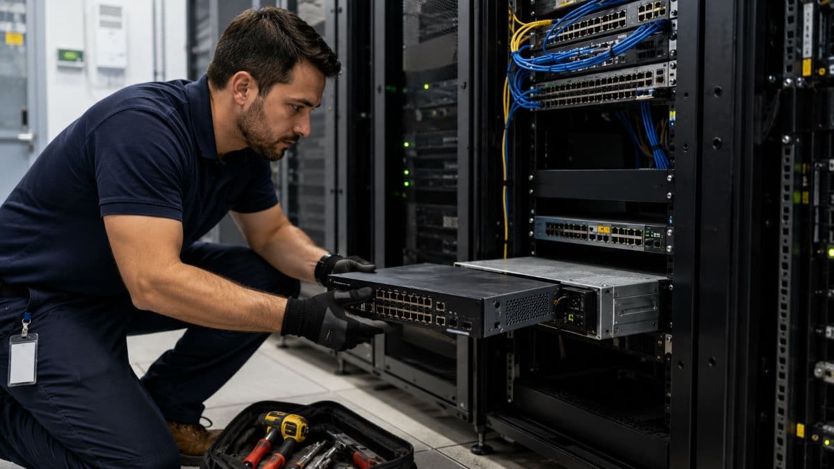 Onsite technician replacing critical network hardware
