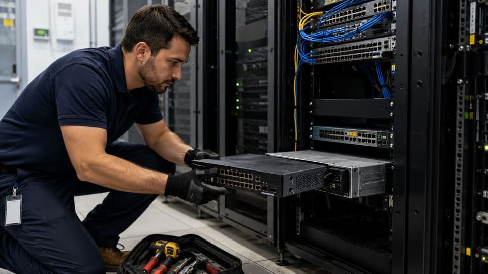 Onsite technician replacing critical network hardware