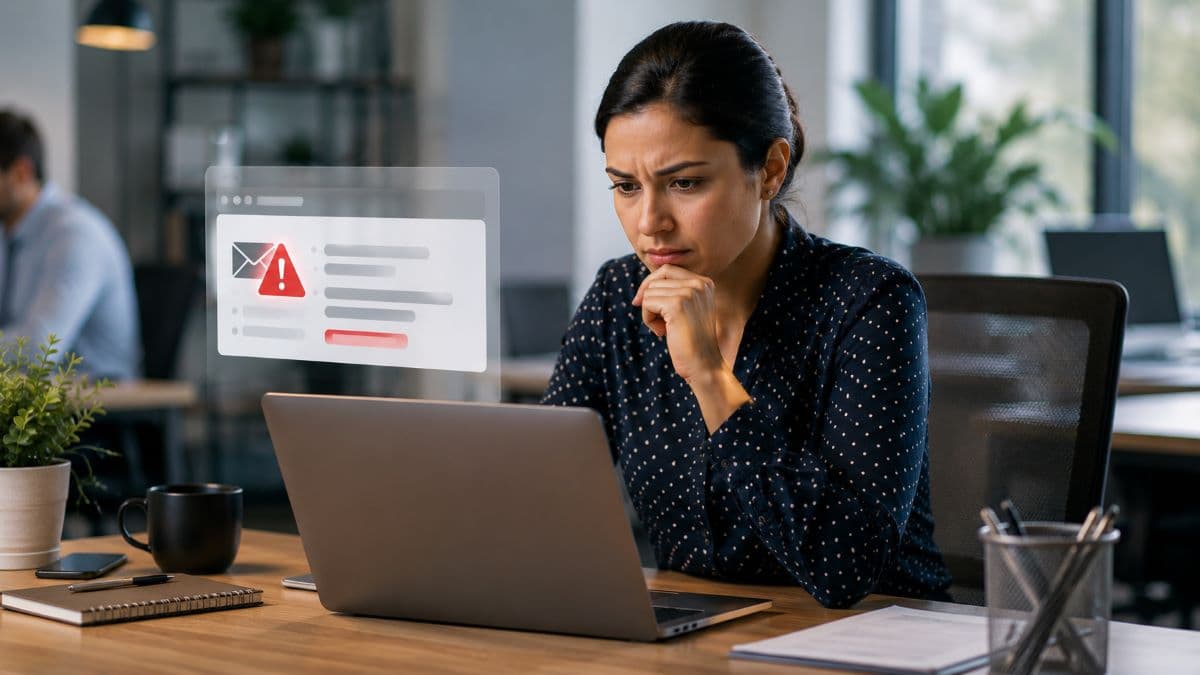 Employee carefully assessing suspicious email before clicking