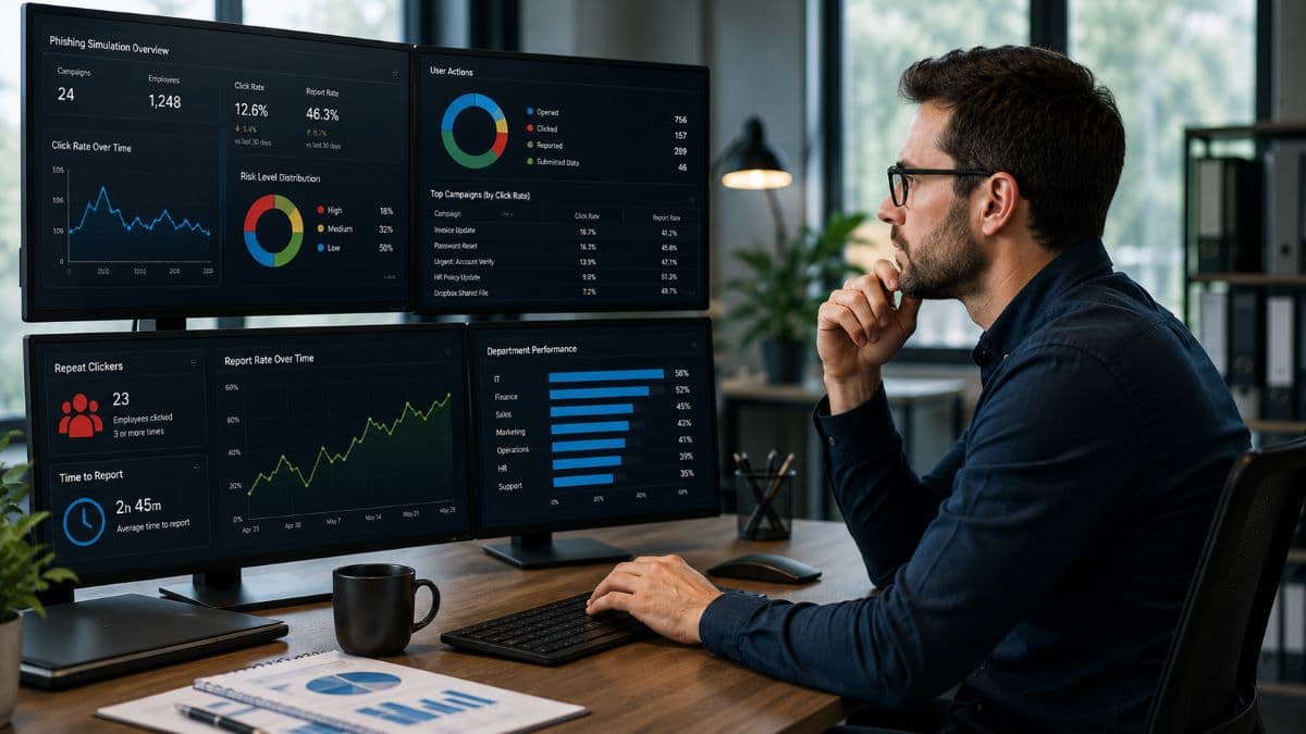 Security analyst monitoring phishing awareness performance metrics