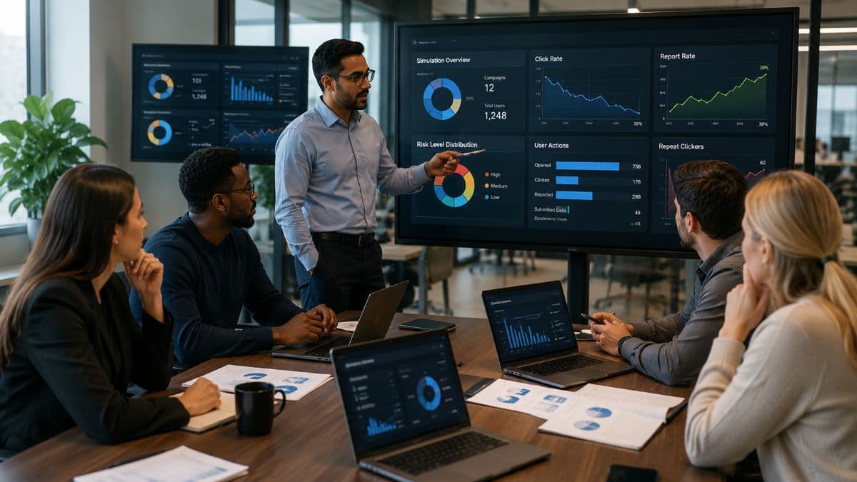 Security team reviewing phishing simulation campaign results