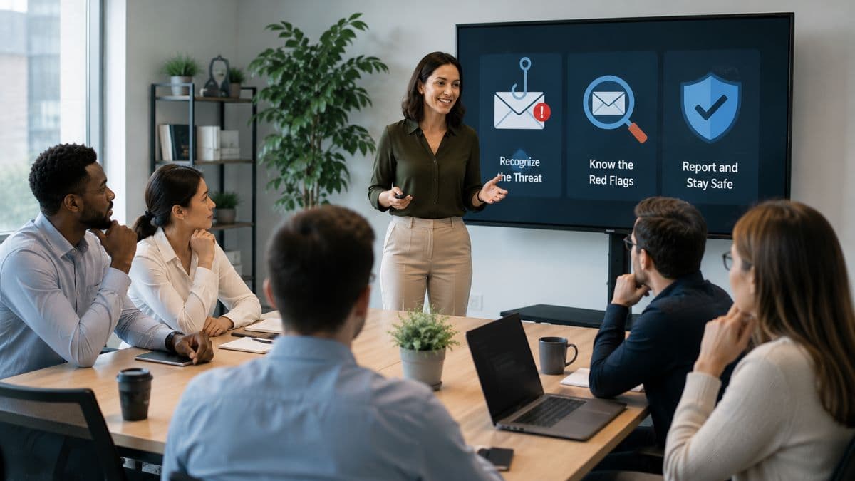 Cybersecurity trainer guiding staff through phishing awareness