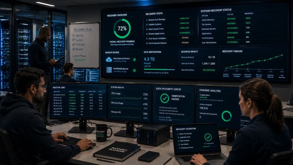Engineers restoring systems from secure backups