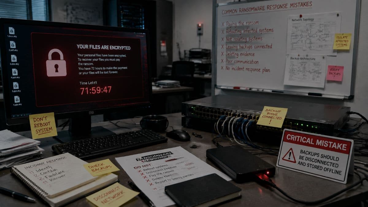 Common ransomware mistakes highlighted in office environment.