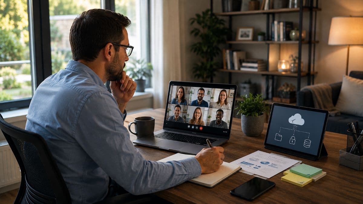 Professional working remotely through cloud collaboration