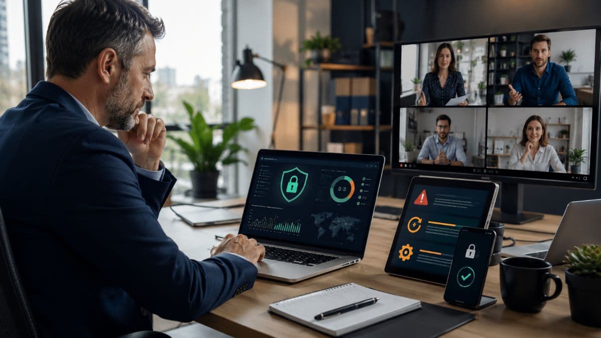 Remote team reviewing cybersecurity protection measures