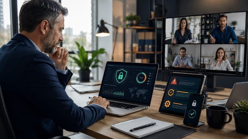 Remote team reviewing cybersecurity protection measures