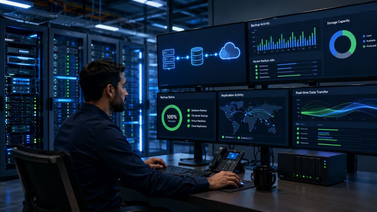 Engineer monitoring enterprise backup replication systems