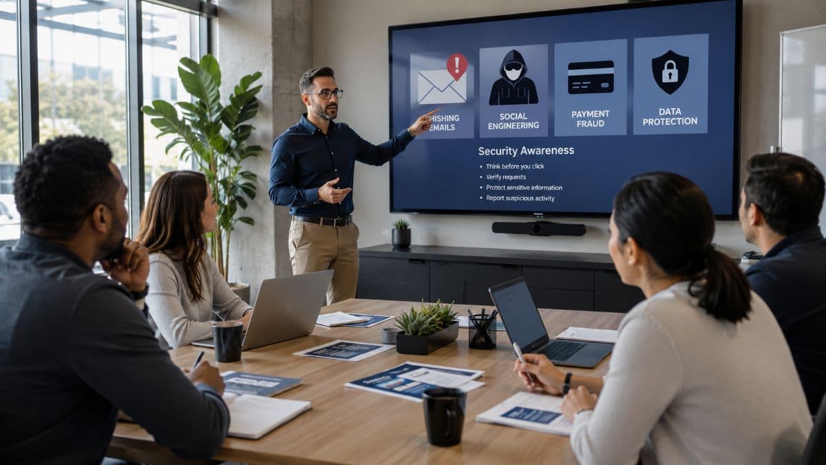 Employees attending workplace cybersecurity awareness training