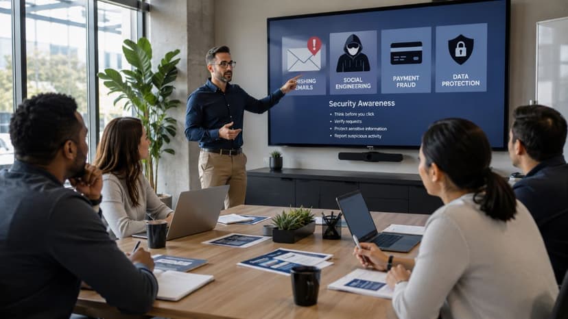Employees attending workplace cybersecurity awareness training