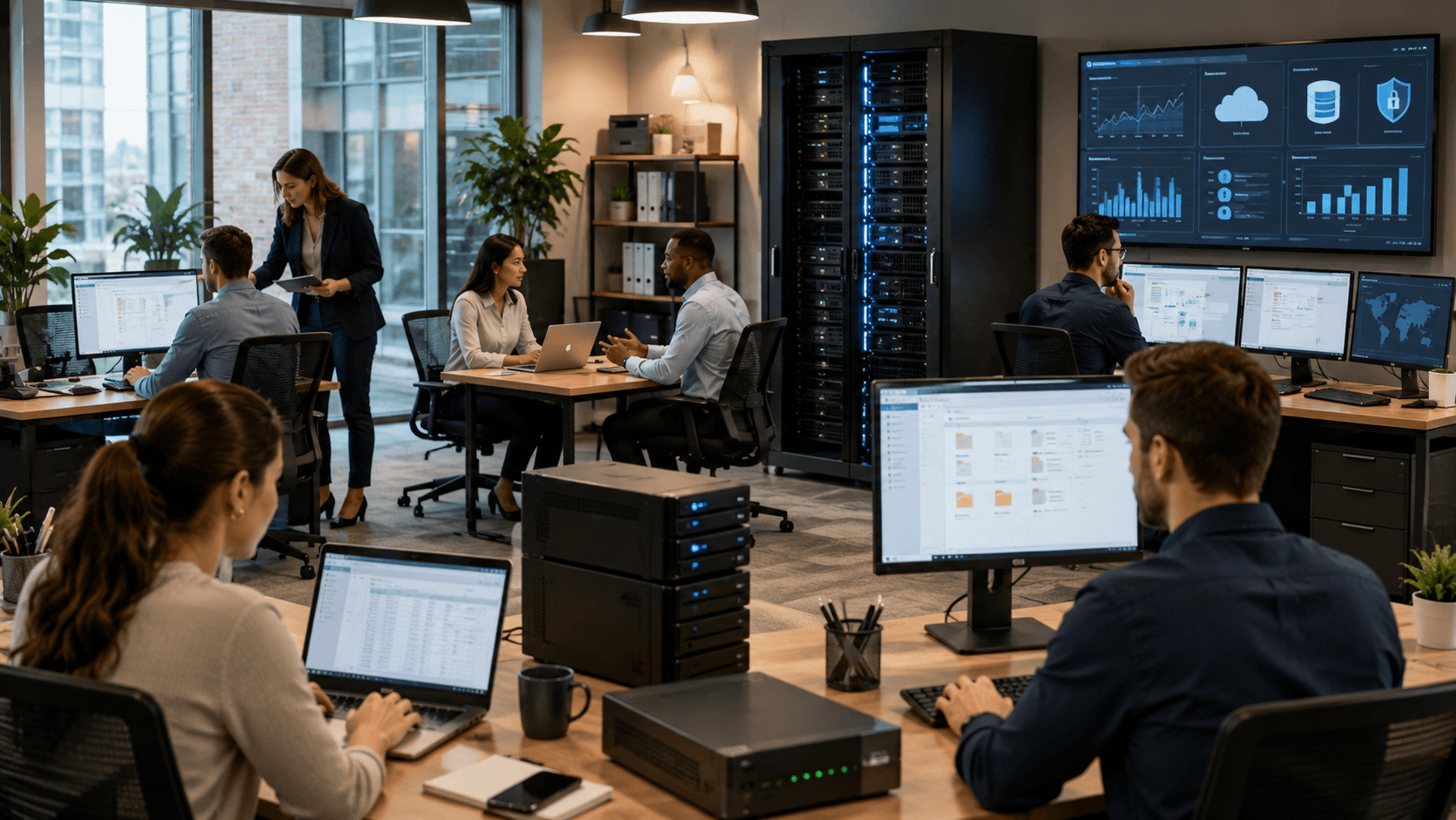 Employees using centralized business server resources together