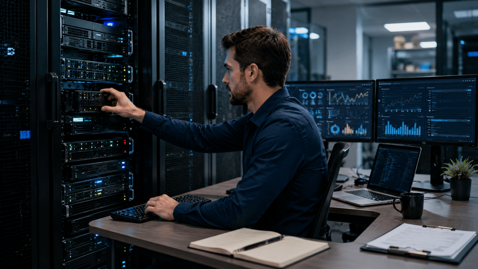 IT technician maintaining secure business server systems