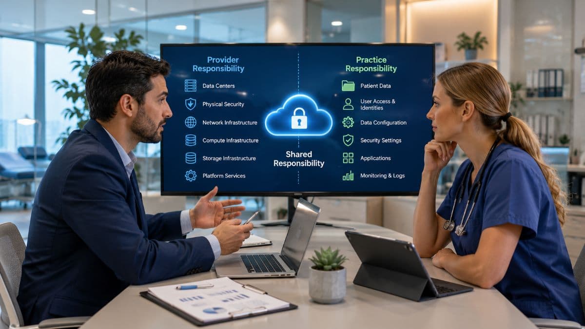 Healthcare manager discussing shared cloud security responsibilities