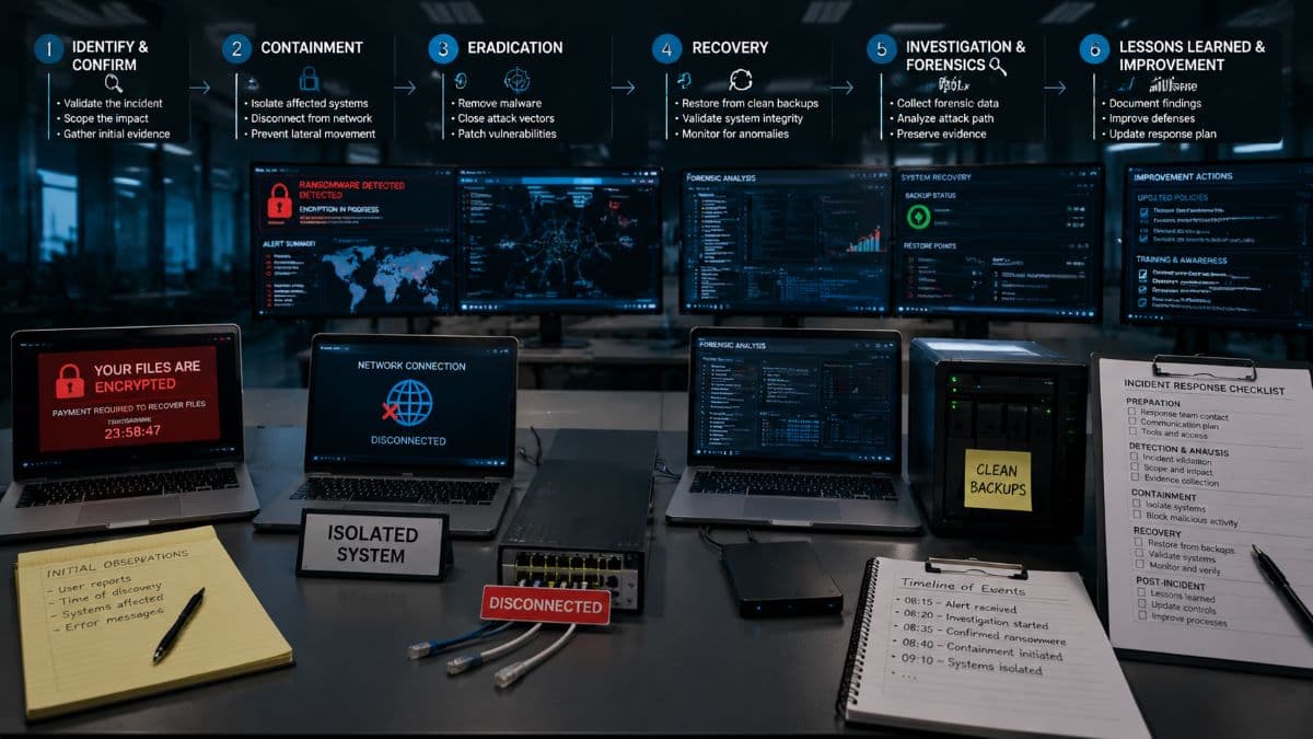 Structured ransomware response workflow with monitoring dashboards