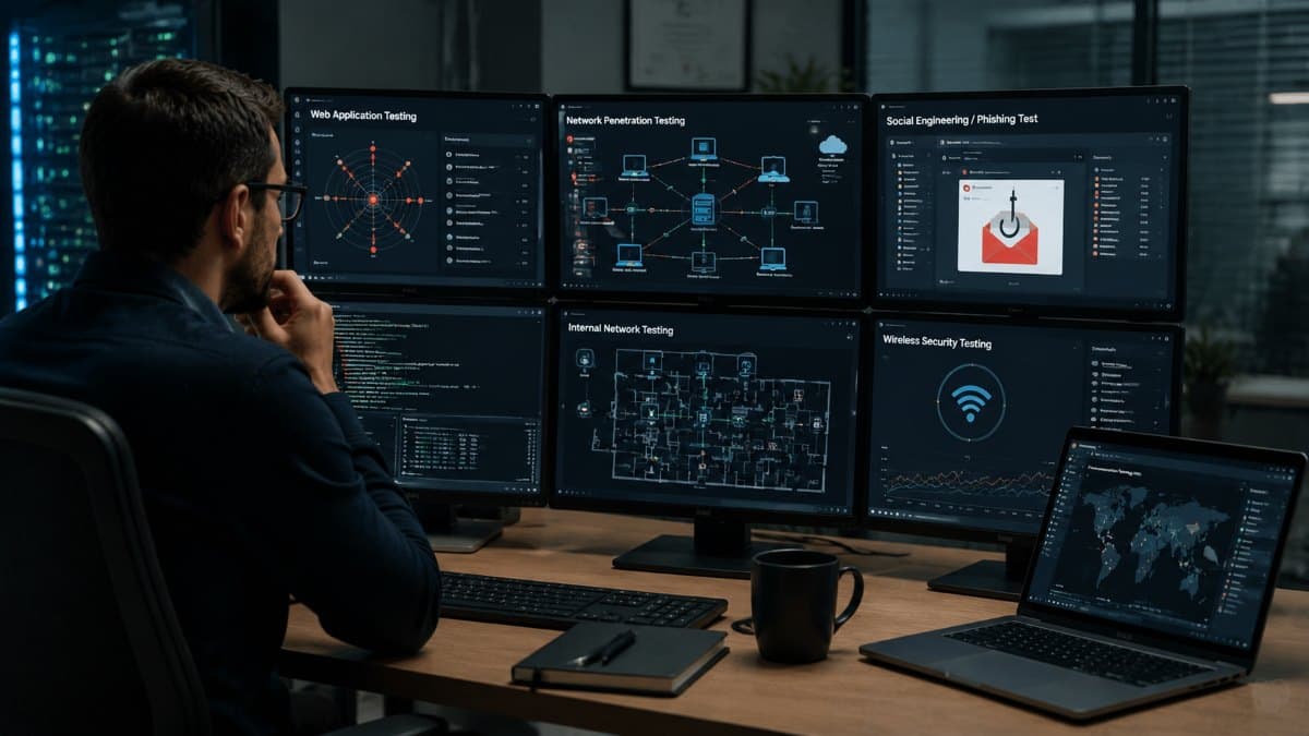 Security analyst reviewing multiple penetration testing types