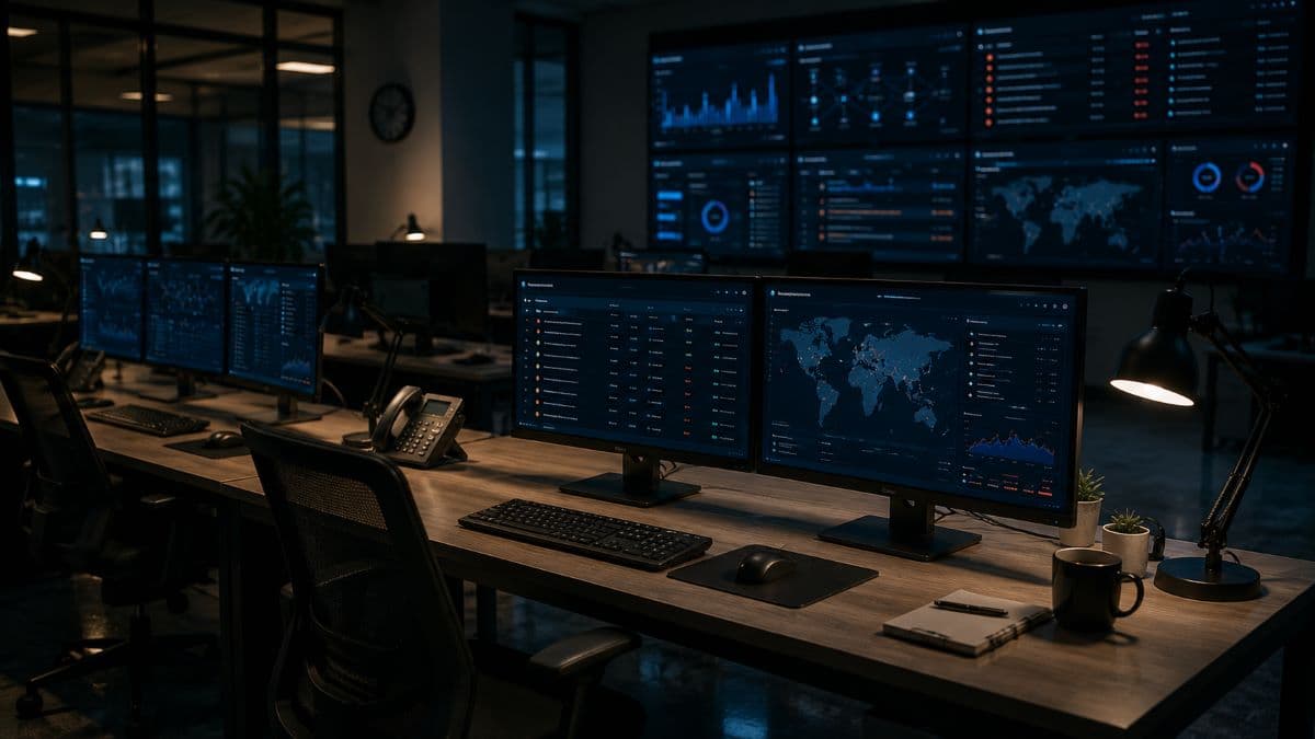Unattended security monitoring room awaiting analyst