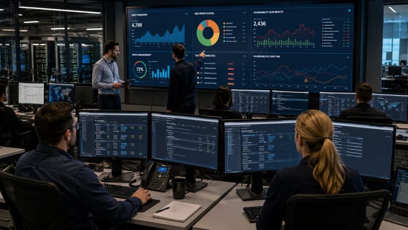 Cybersecurity team reviewing enterprise vulnerability dashboards