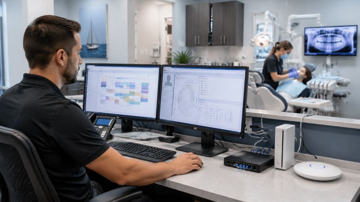 Dental technician managing clinic IT systems