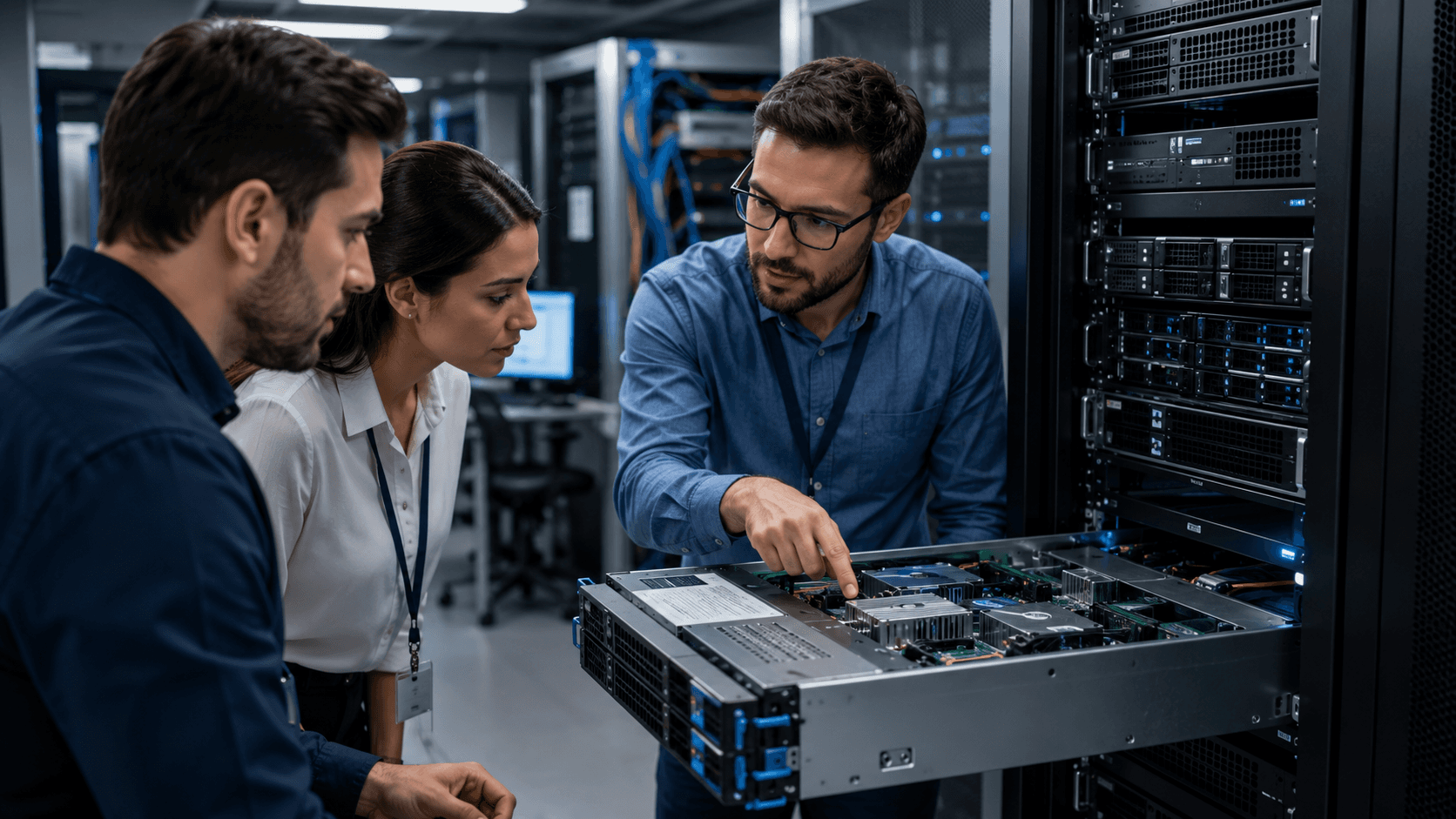 IT professional explaining enterprise server hardware setup