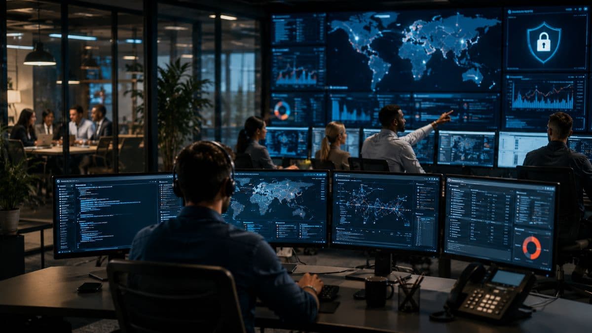 Security analysts monitoring business threats continuously