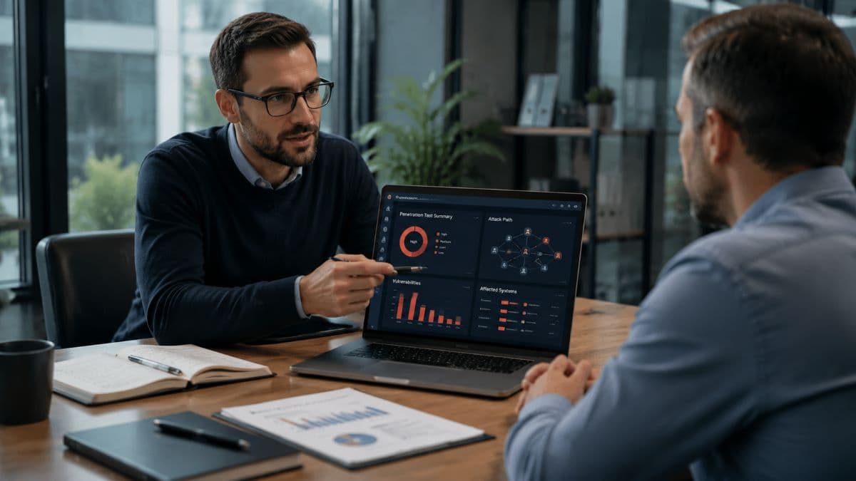 Consultants discussing penetration testing in modern office