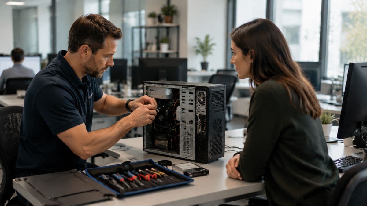 technician repairing desktop computer in office
