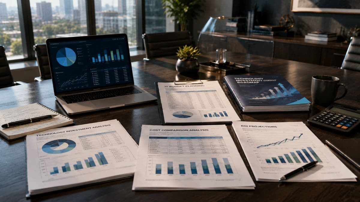 Boardroom table with technology investment and budgets