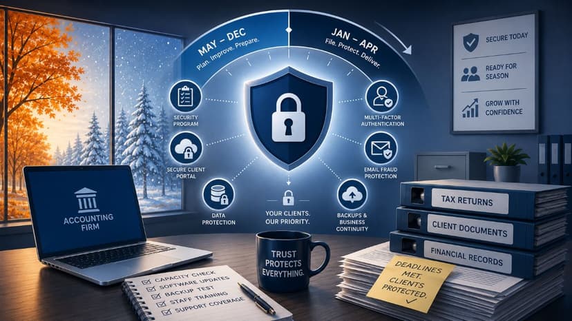 Protected accounting firm technology vault carrying heavy tax-season document flow.