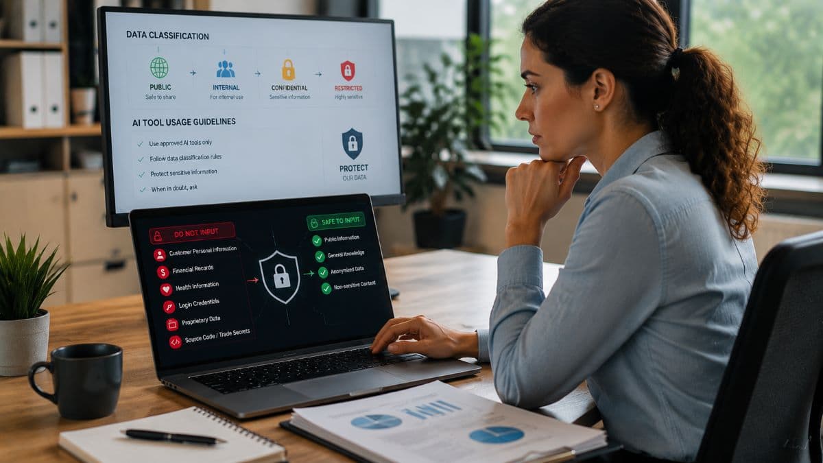 Employee reviewing secure data classification rules