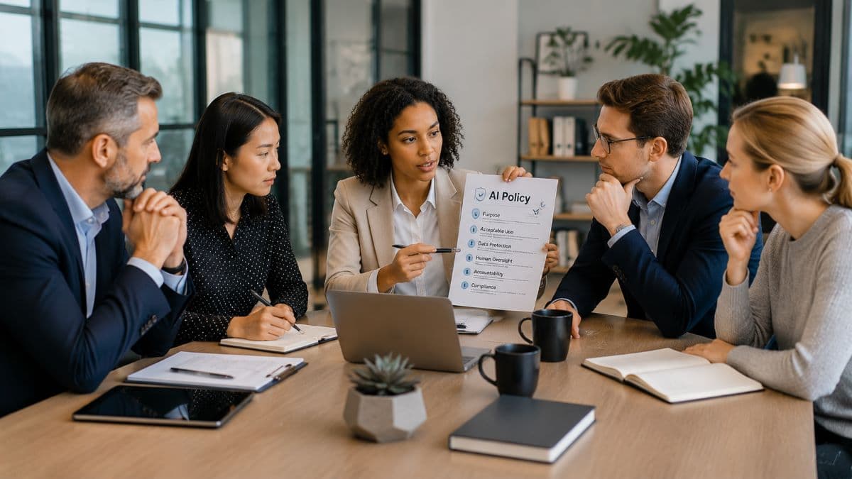 Team reviewing formal AI policy document