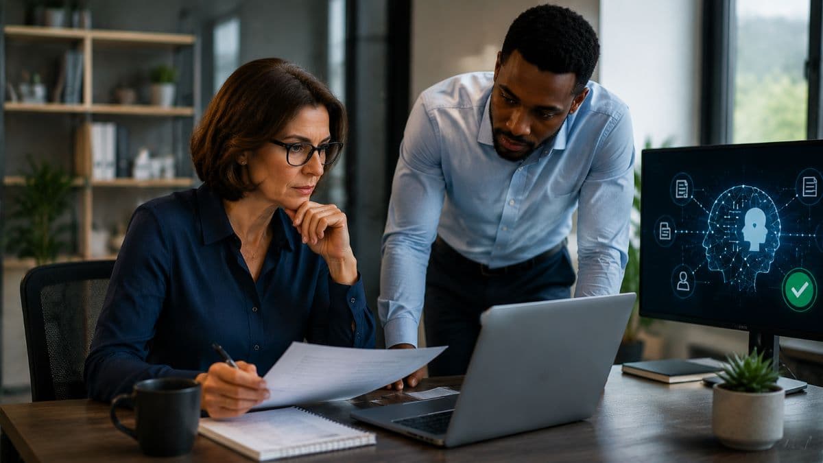 Manager reviewing AI output with employee
