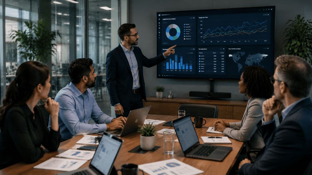 Team reviewing dashboards in corporate meeting room