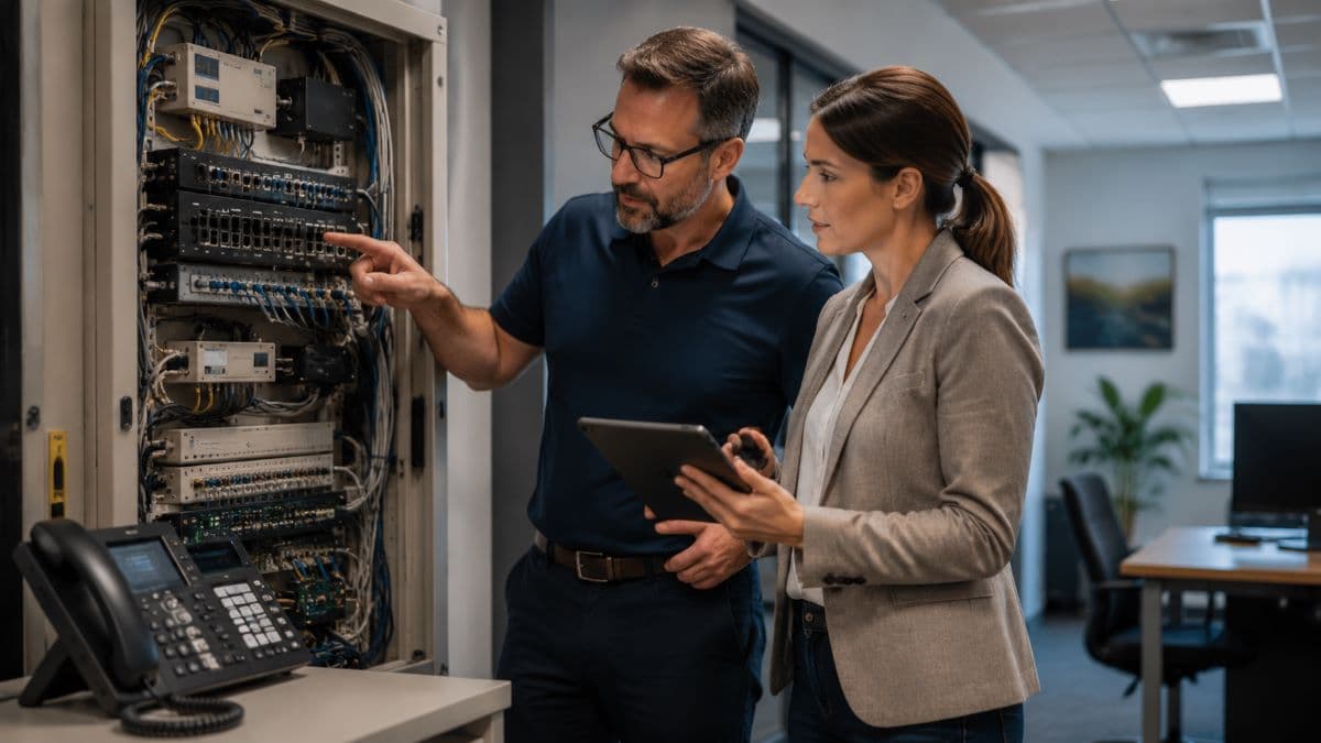 technicians replacing old phone infrastructure