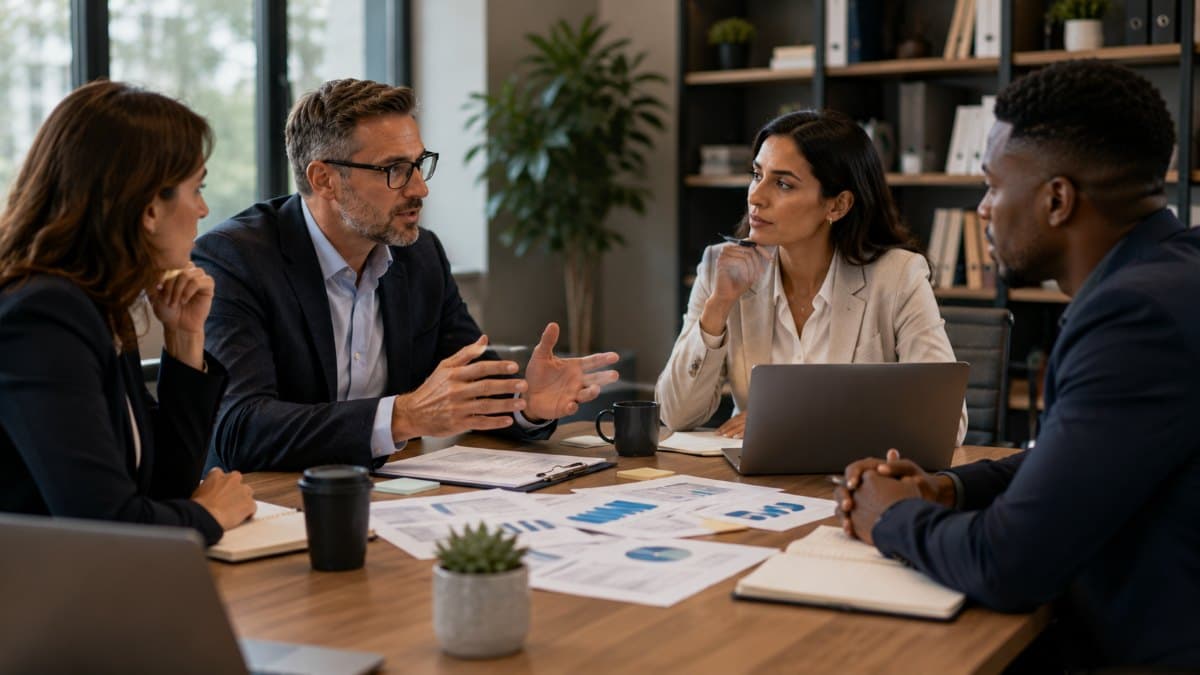 Business leaders discussing organizational cybersecurity compliance strategy