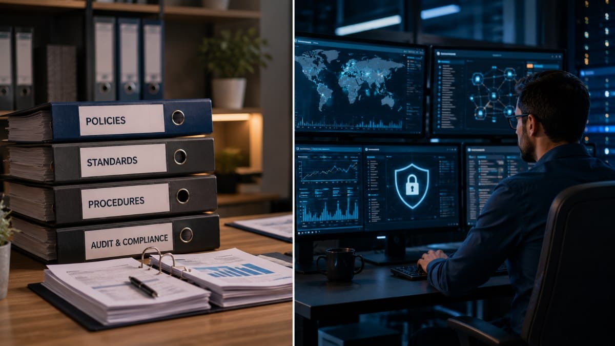 Compliance documentation contrasted with active cybersecurity monitoring