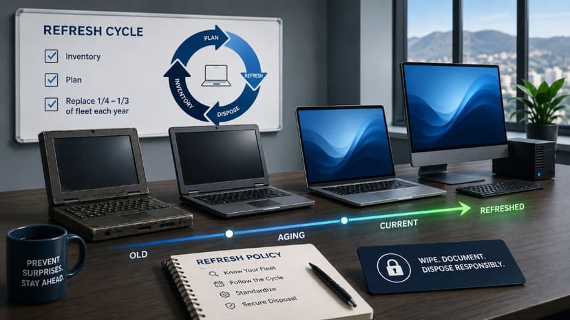 Lifecycle path showing aging computer approaching failure while a scheduled replacement keeps systems stable.