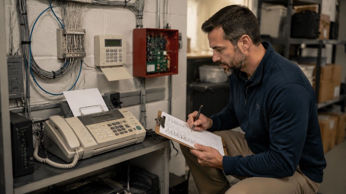 technician inspecting legacy phone equipment