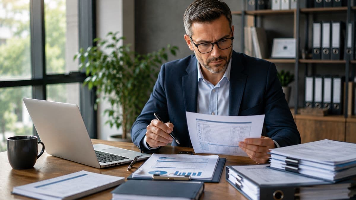 Independent auditor reviewing cybersecurity compliance documentation carefully