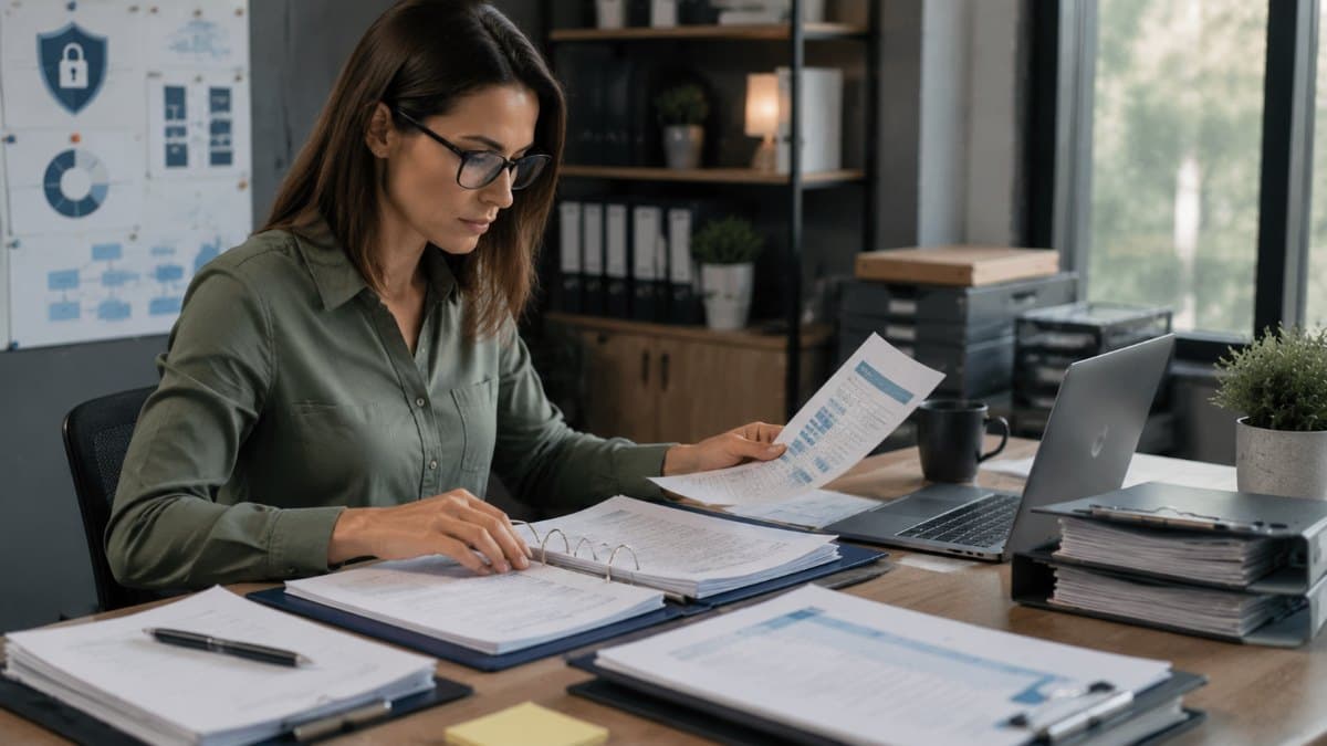 Employee organizing cybersecurity compliance documentation records